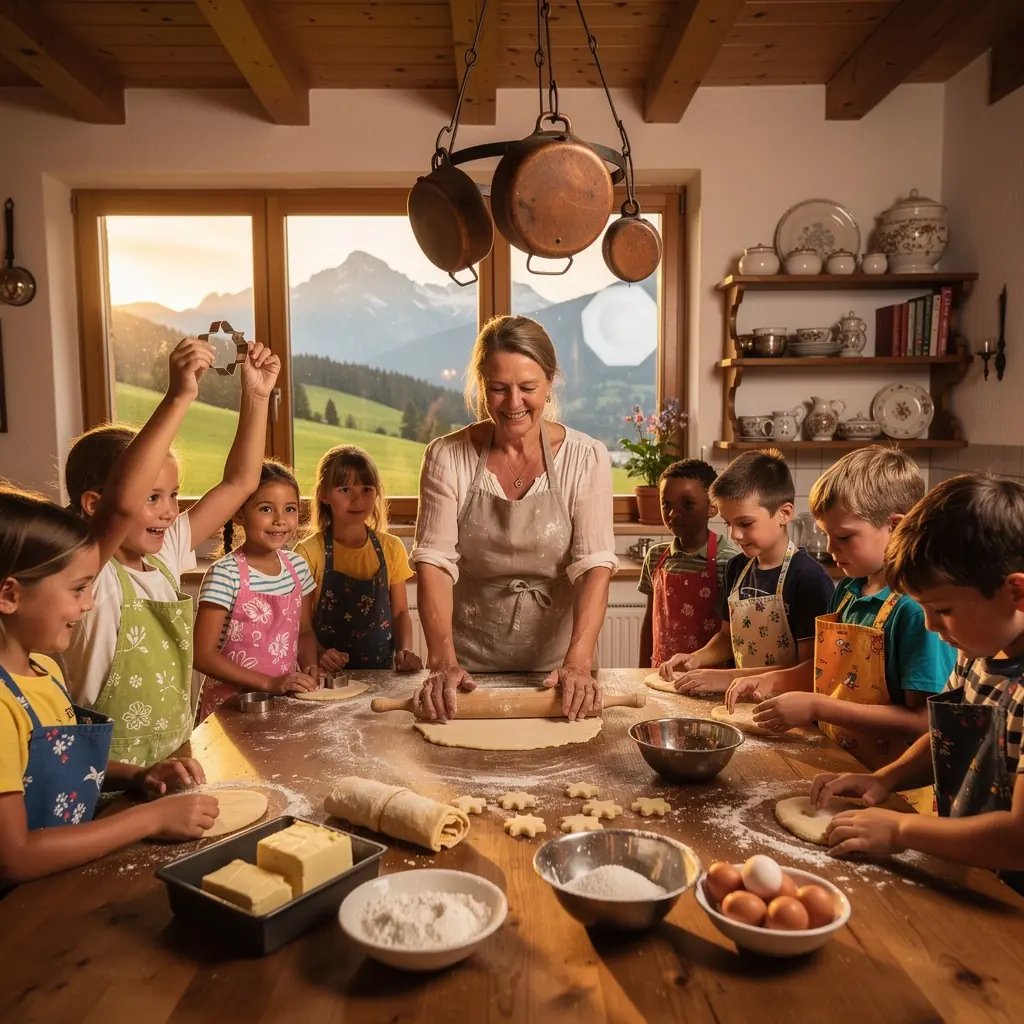 Ein Lehrer zeigt den Kindern, wie man Teig knetet.