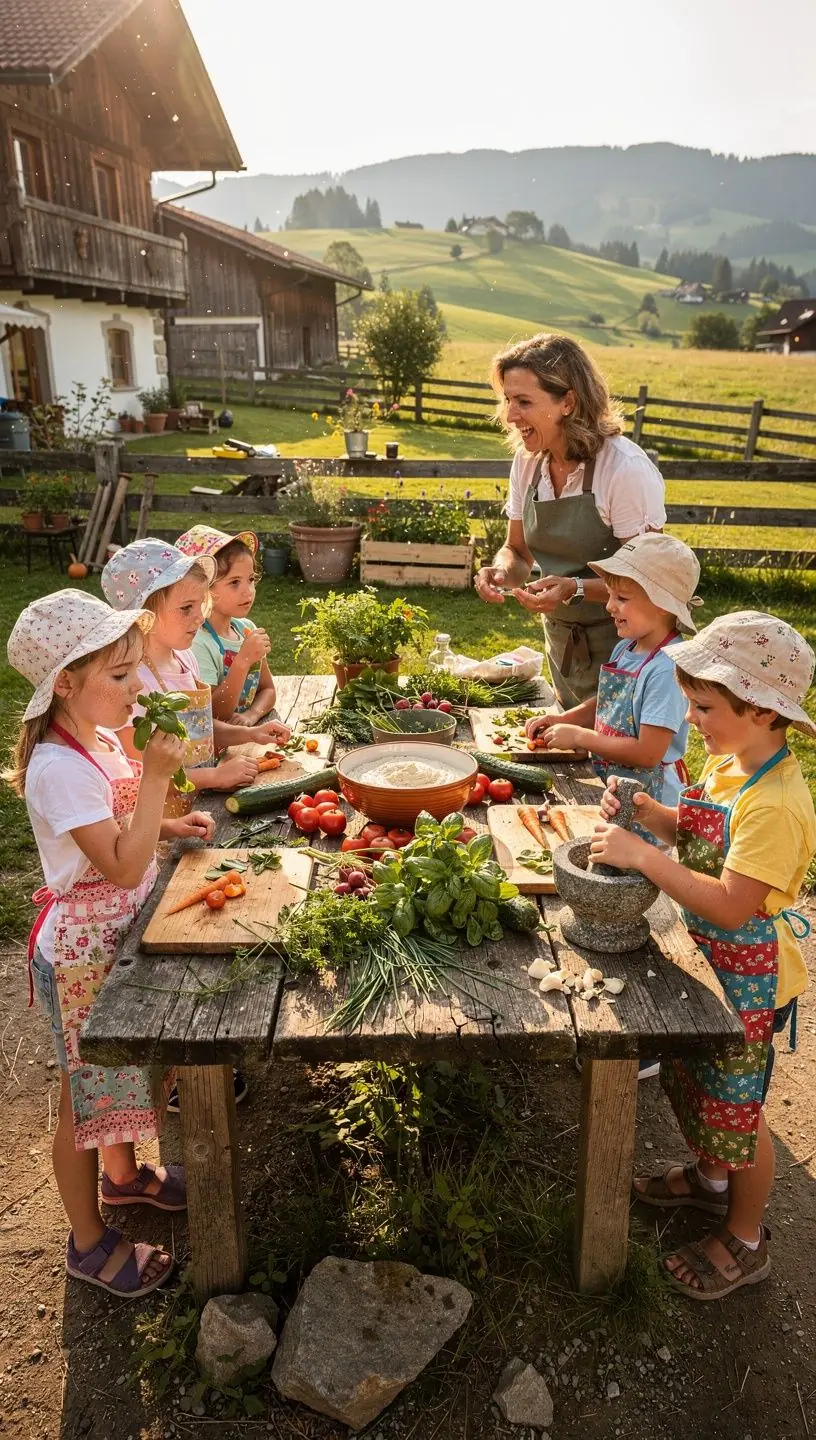Eine Gruppe von Kindern, die gemeinsam GemГјse schneiden.