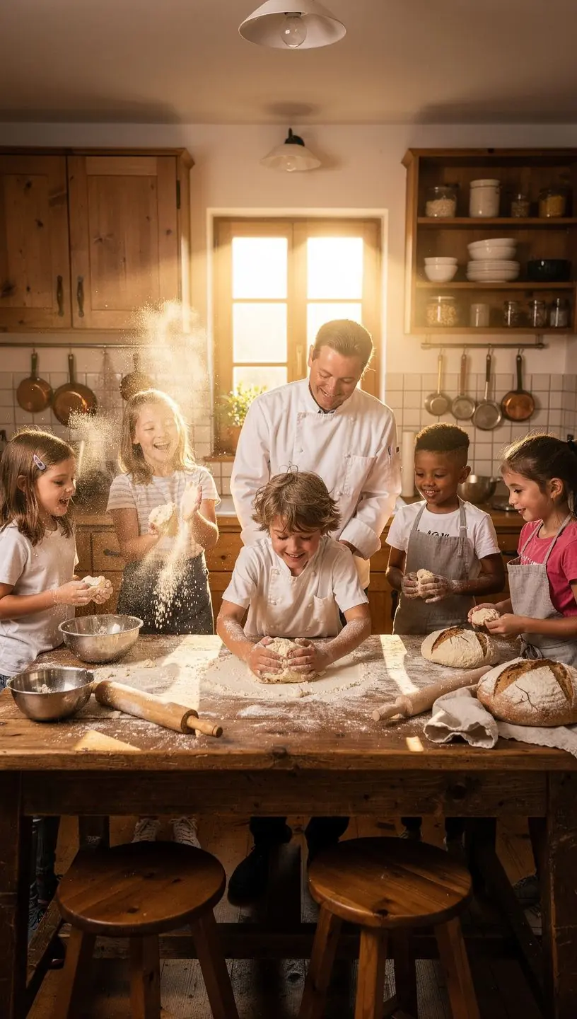 Ein Kind, das stolz einen Teller mit seinem Gericht zeigt.