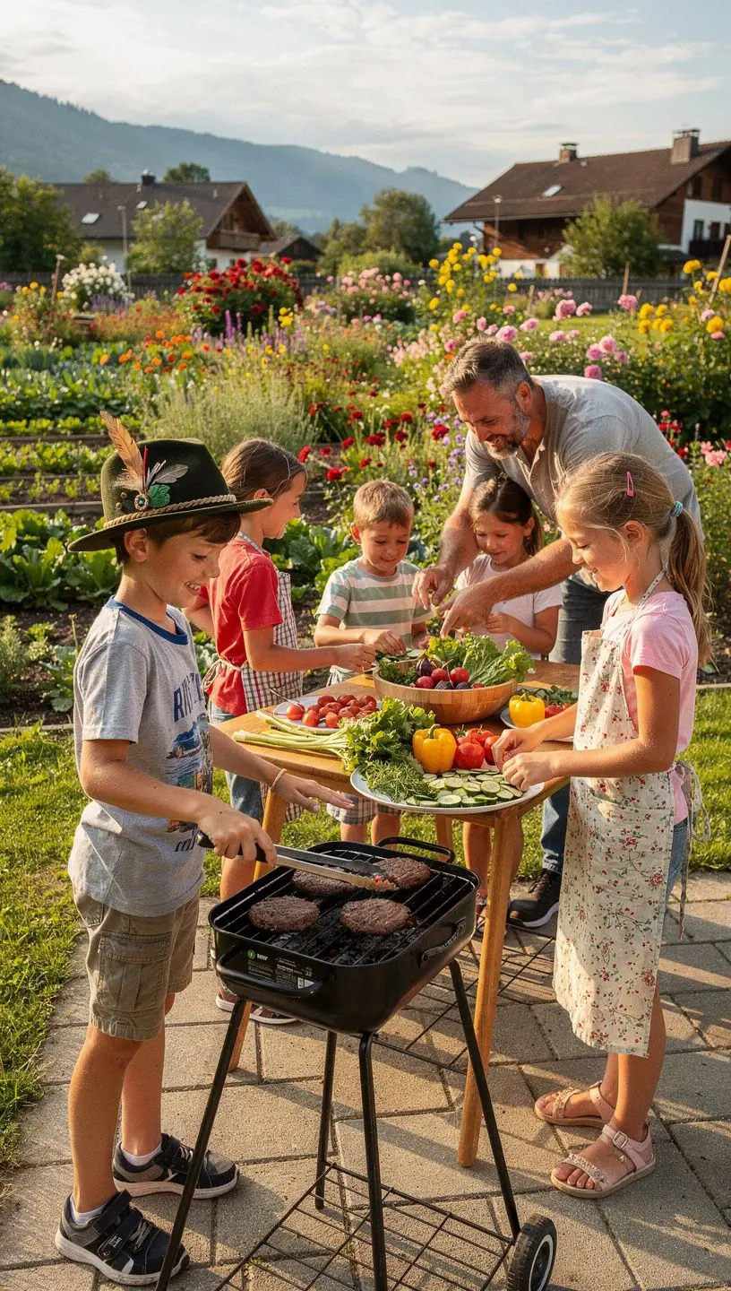 Fröhliche Kinder, die in einer Kochschule gemeinsam an einer großen Pizza arbeiten.